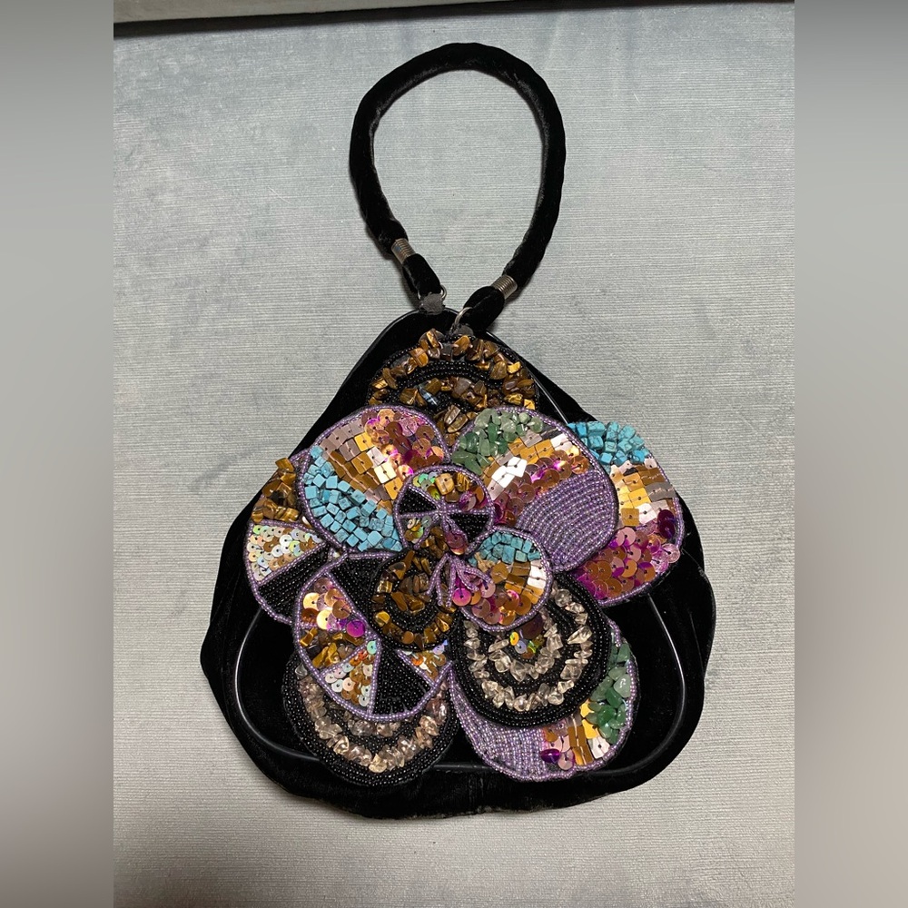 Chico’s Embellished vintage black velvet bag 15”T 9”W beads, sequins,stones